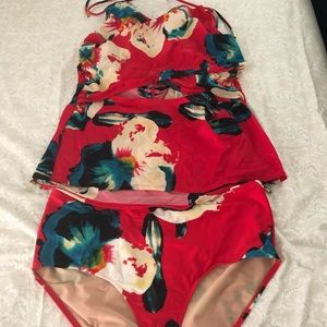 Lela Rose Red Floral Tankini Swimsuit